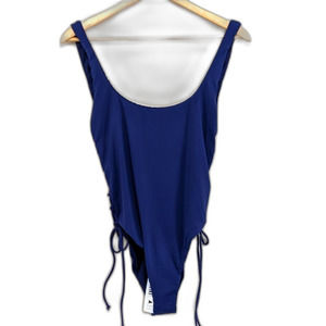 The Bikini Lab Navy Blue Solid Lace Up Scoop Neck One Piece Swimsuit Size L NWT